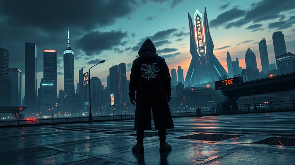 Dystopian Futuristic Cityscape with Digital Shaman in Cyberp...