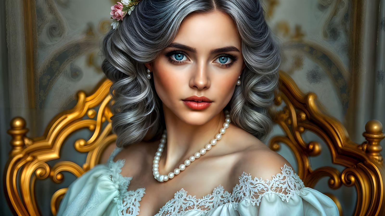 Elegant Victorian Woman with Flowing Silver Hair in a Soft, ...