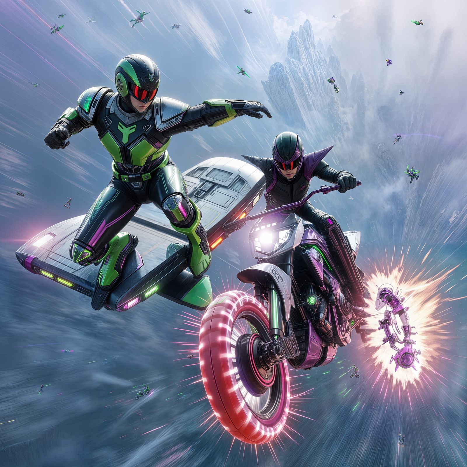 High-Tech Heroes Engage in Intense Mid-Air Battle