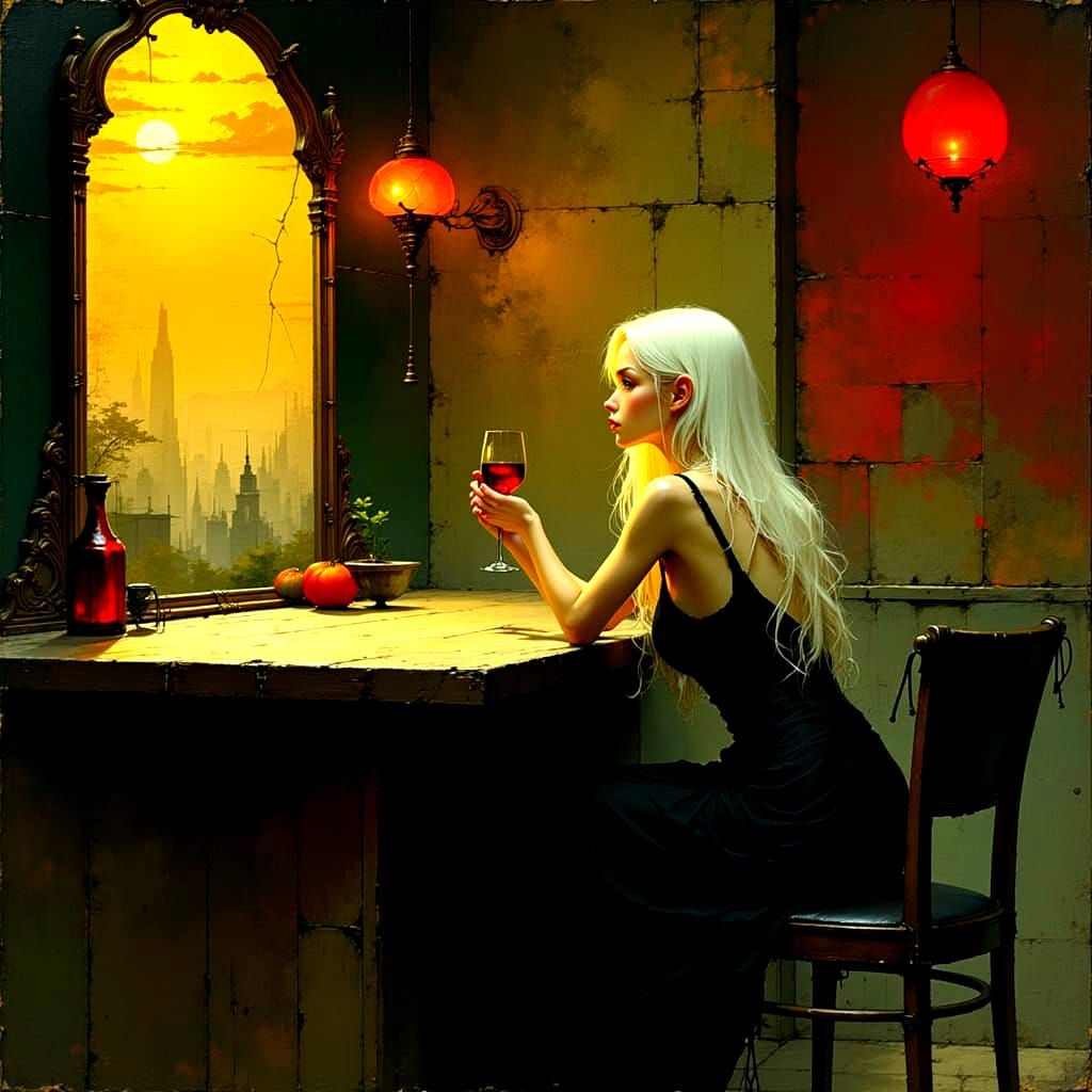 Lonely Woman Reflects at Bar with Wine