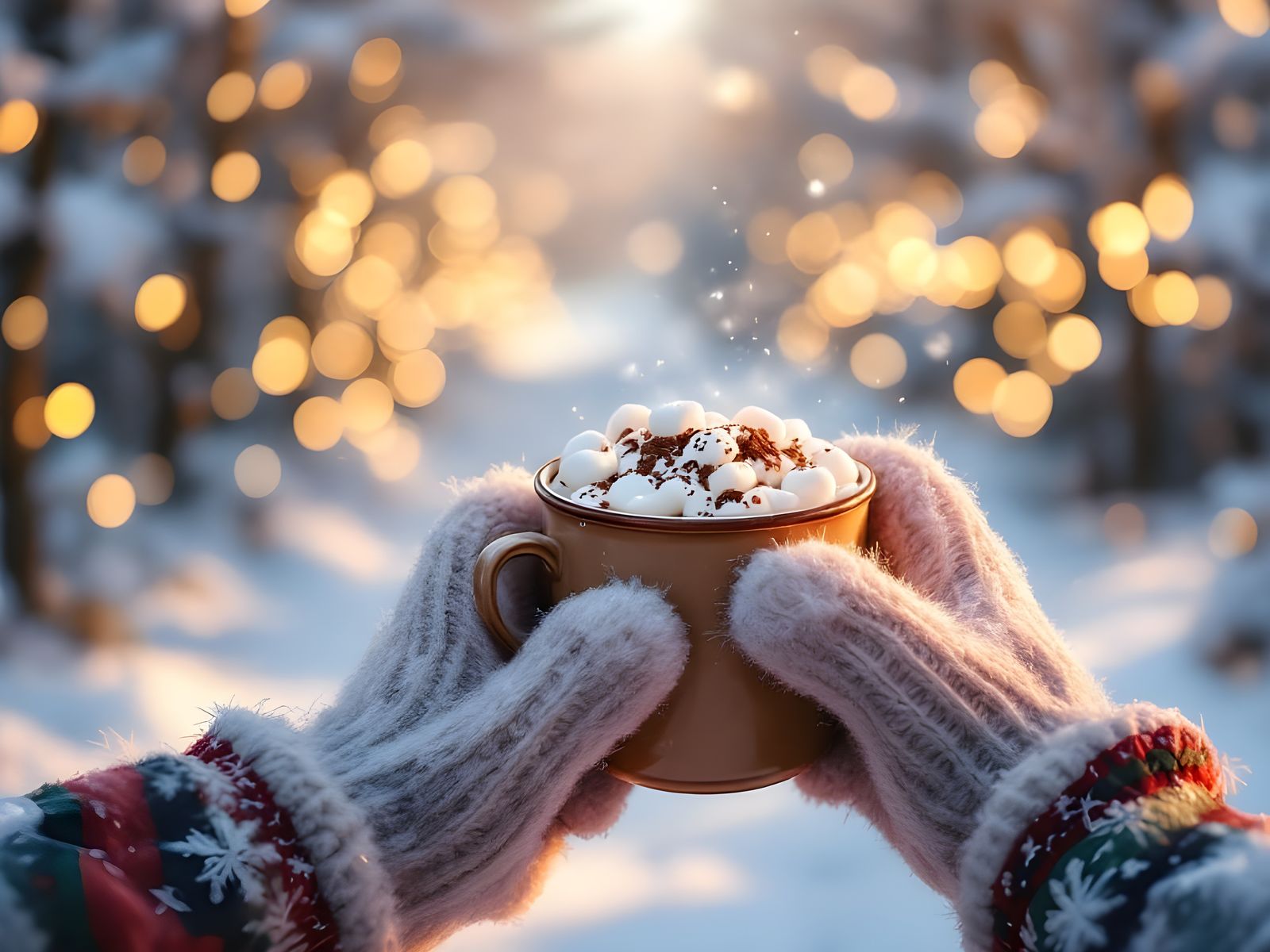Winter Trail Hot Chocolate with Bokeh Lights