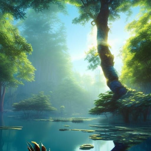 Fantasy Prunus Forest and Turquoise Pond