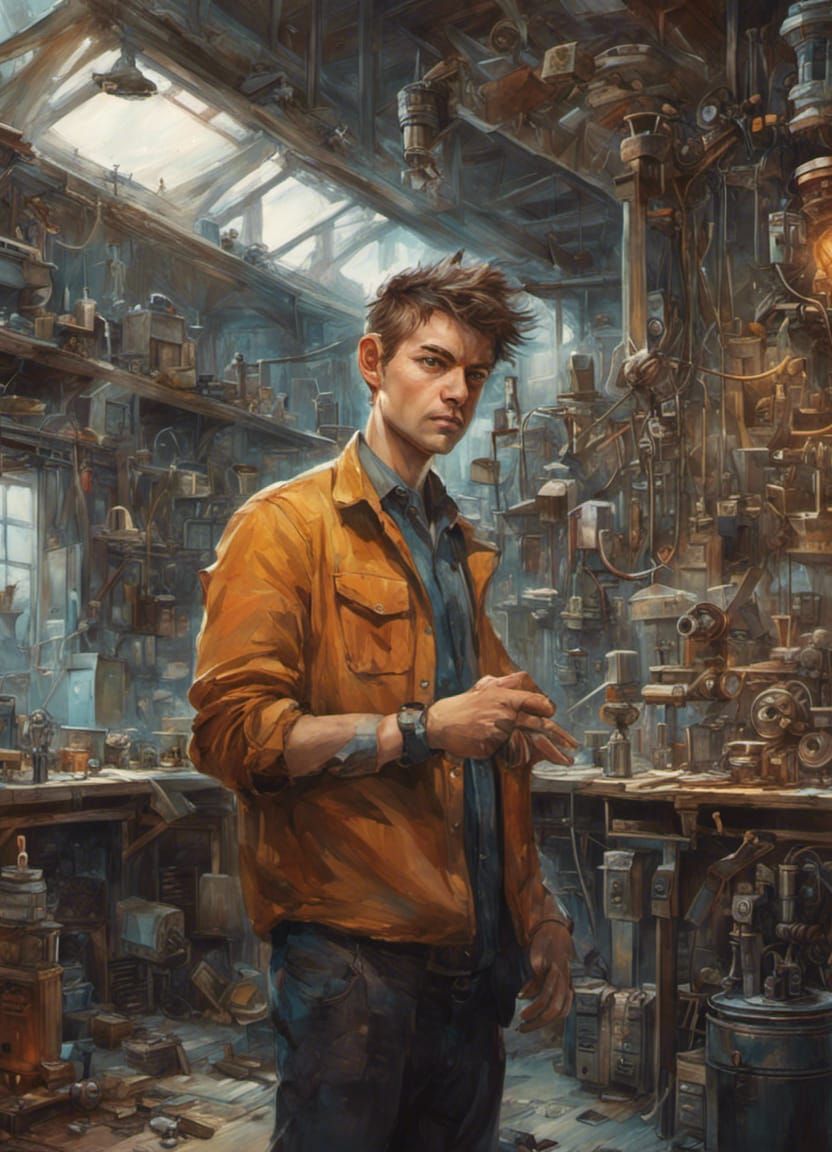 Nerdy Apprentice Inventing in Laboratory: Digital Portrait