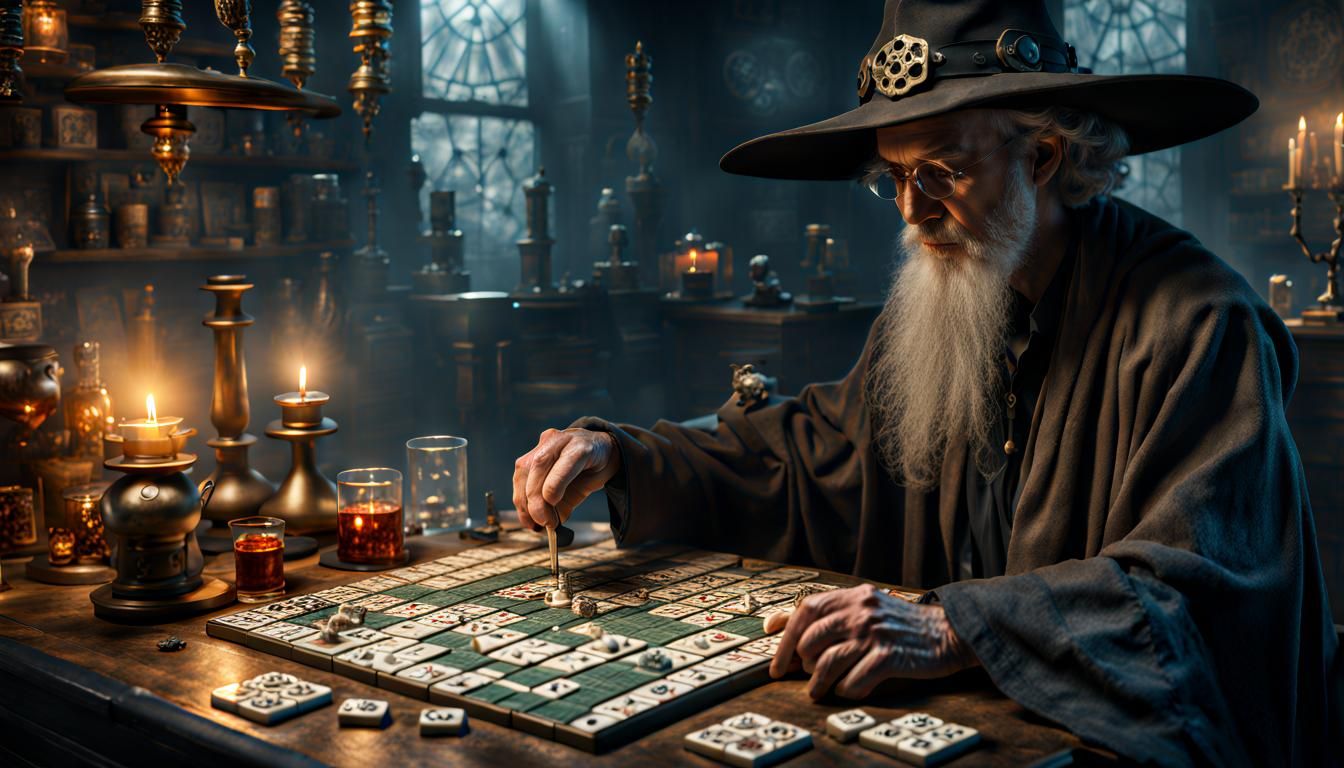 Wizard Playing Mahjong in Spooky Laboratory, Hyperrealistic ...