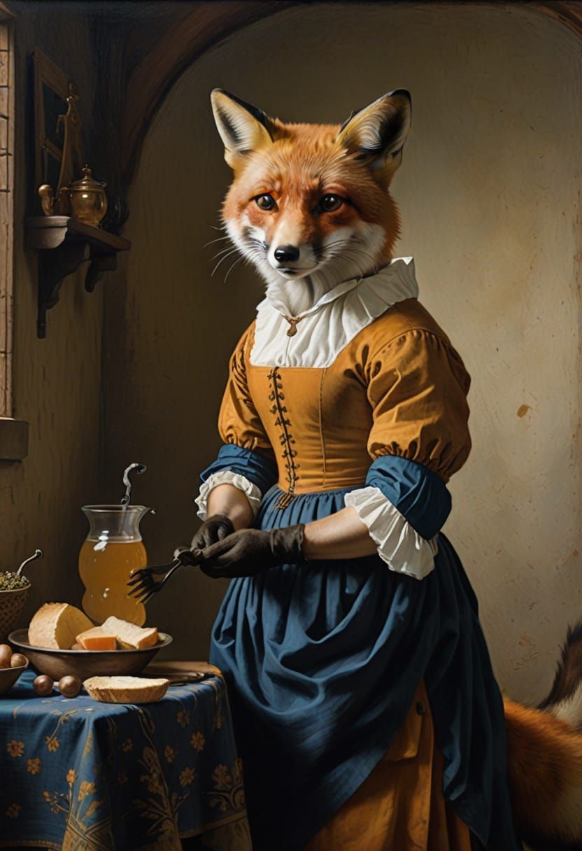Anthropomorphic Fox in Vermeer's Style Milkmaid Portrait