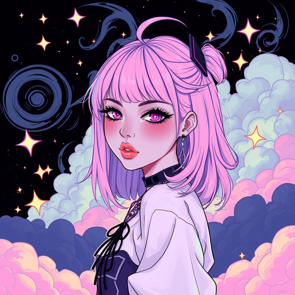 Pastel Goth Goddess Amidst Celestial Storm