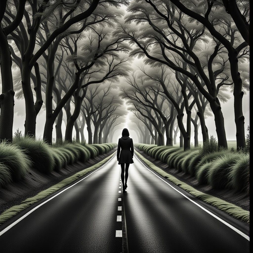 Monochrome Autumn Road with Splash of Green