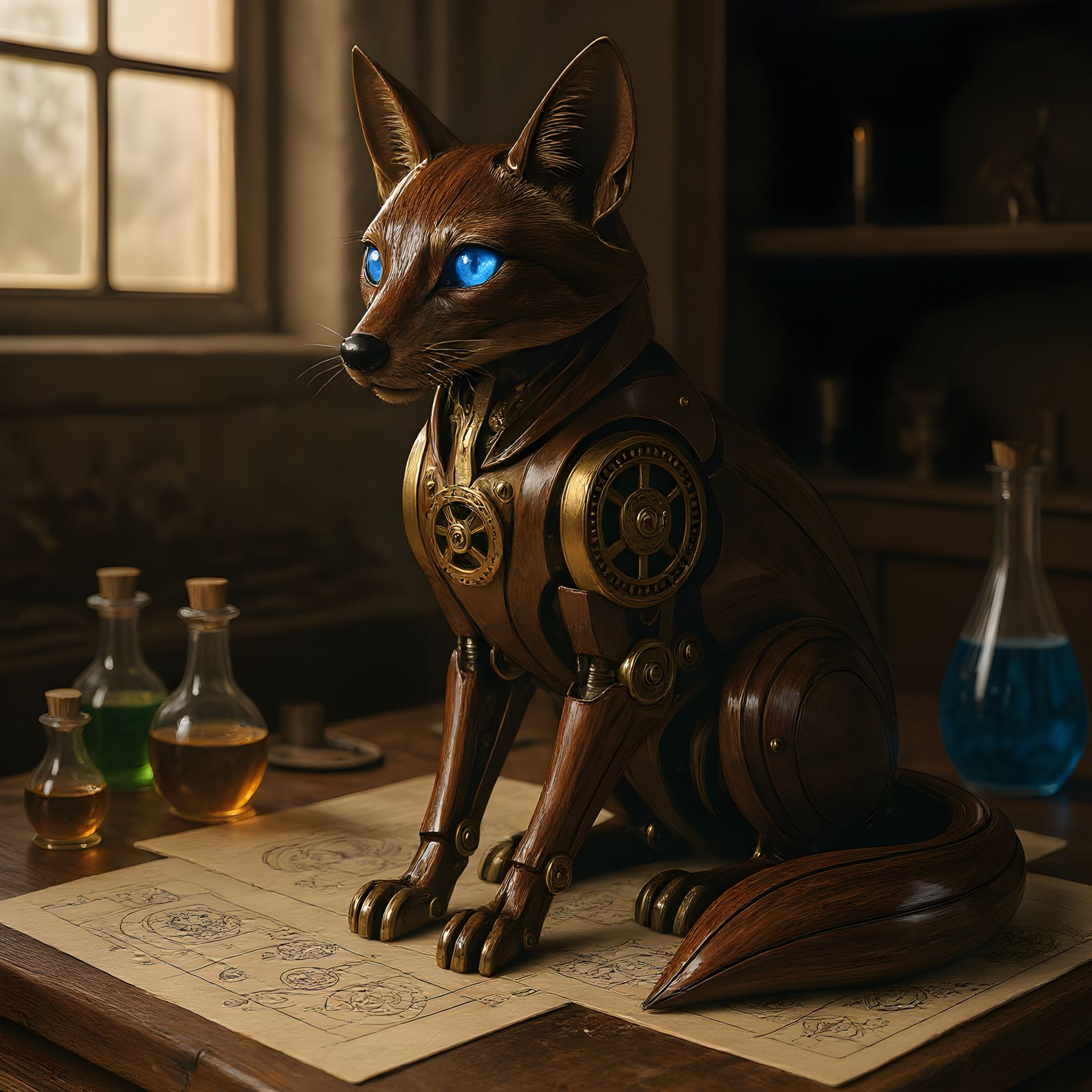 Clockwork Fox Automaton in Alchemist's Study