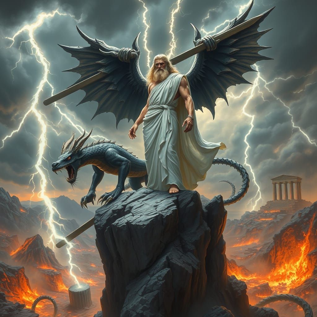 Zeus Triumphant over Typhon in Dark Cinematic Style