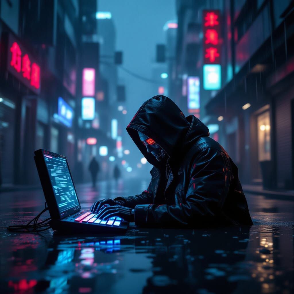 Cyberpunk Alleyway Hacker with Holographic Keyboard