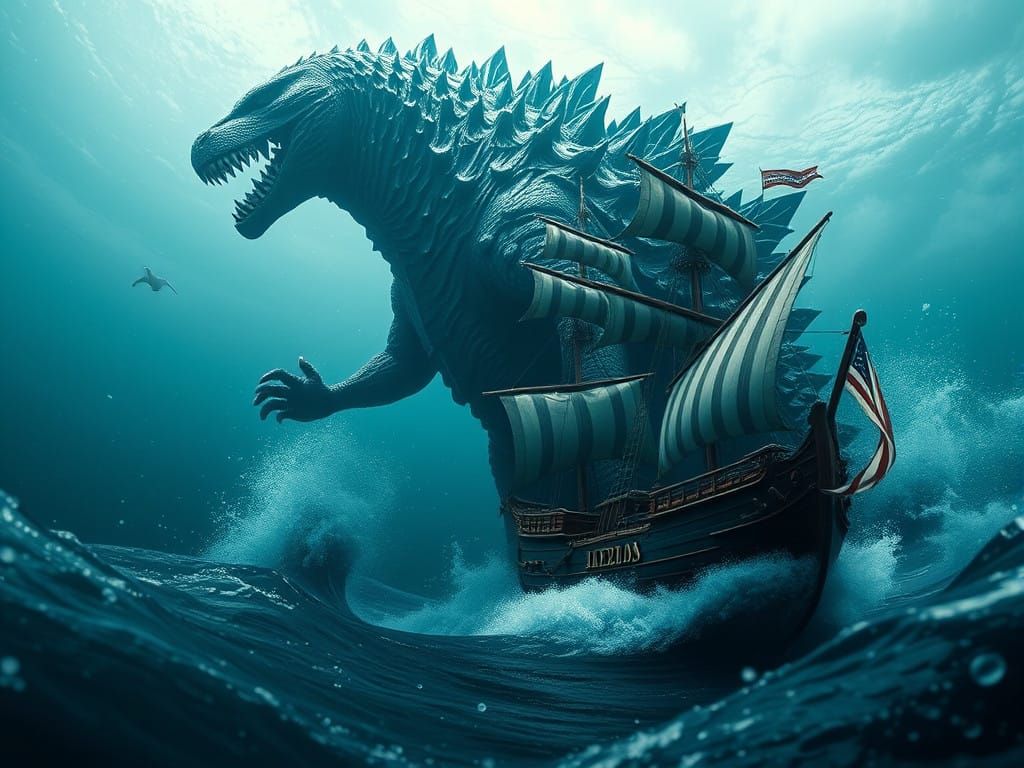 Surreal Underwater Scene: Godzilla Subdues Galleon in Turbul...