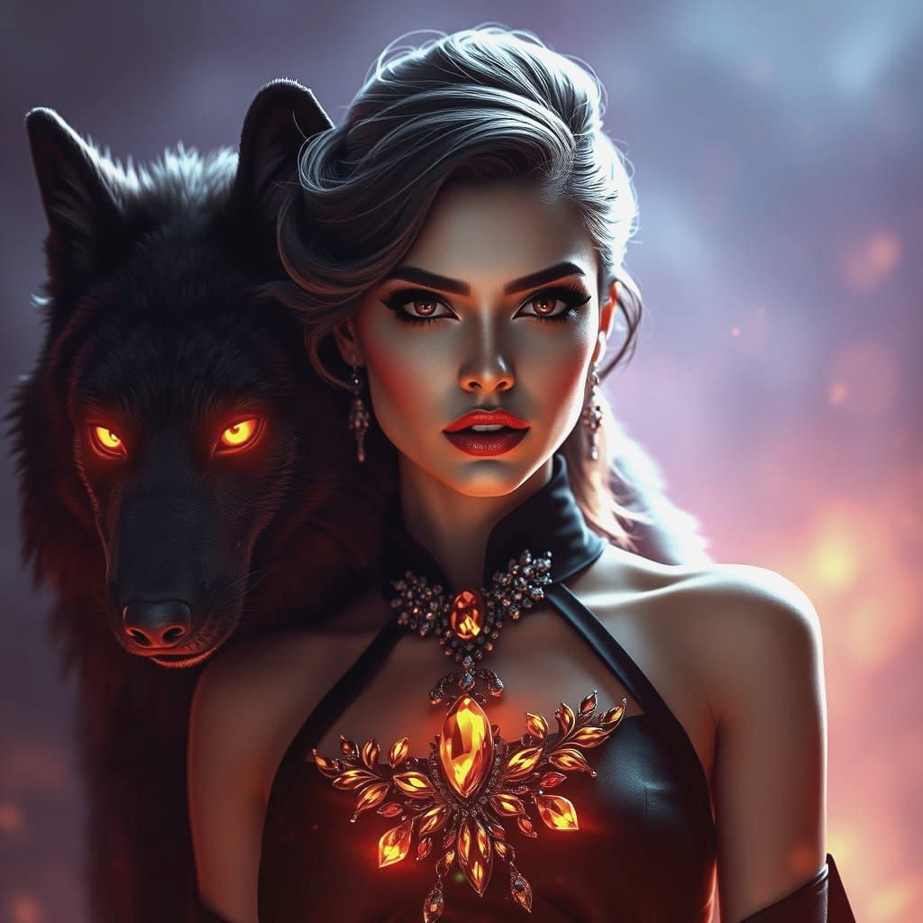 Elegant Woman Surrounded by a Majestic Black Wolf in a Dark ...