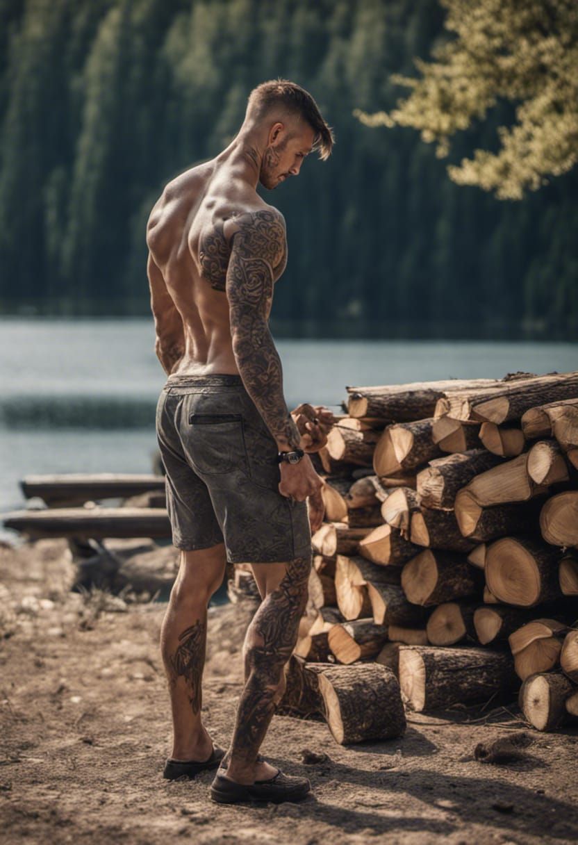 Hyperrealistic Image of Man Gathering Firewood by Lake