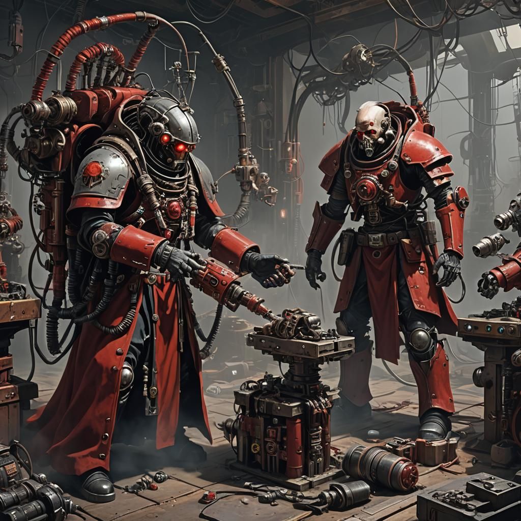 Warhammer 40k Tech-Priest Repairing Servitor in Dark Fantasy...