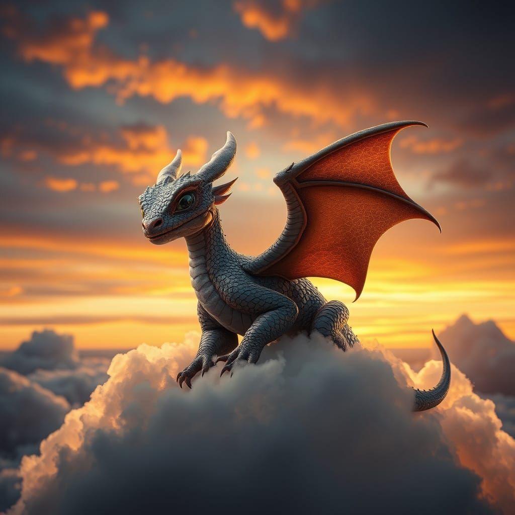 Realistic Dragon Soars in Golden Sunset Sky
