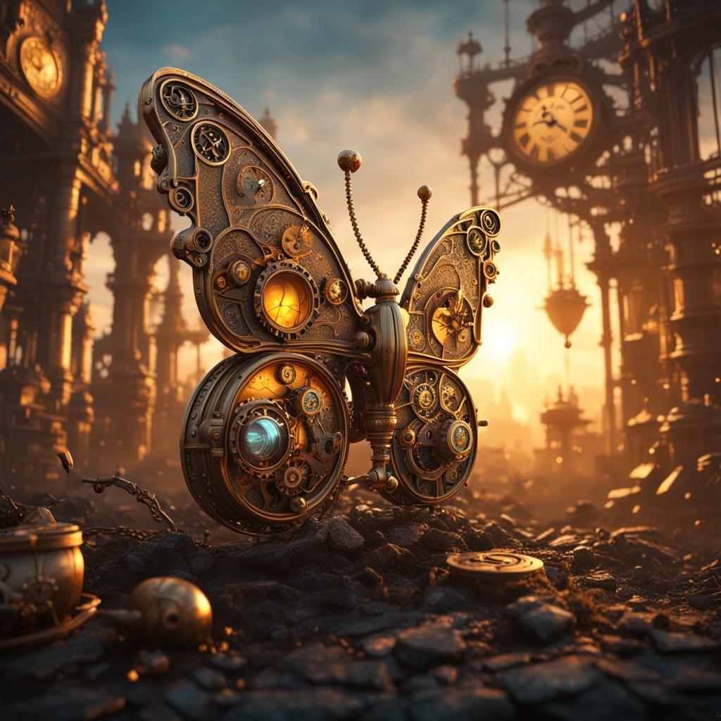 Steampunk Butterfly at Sunrise: Detailed Digital Art