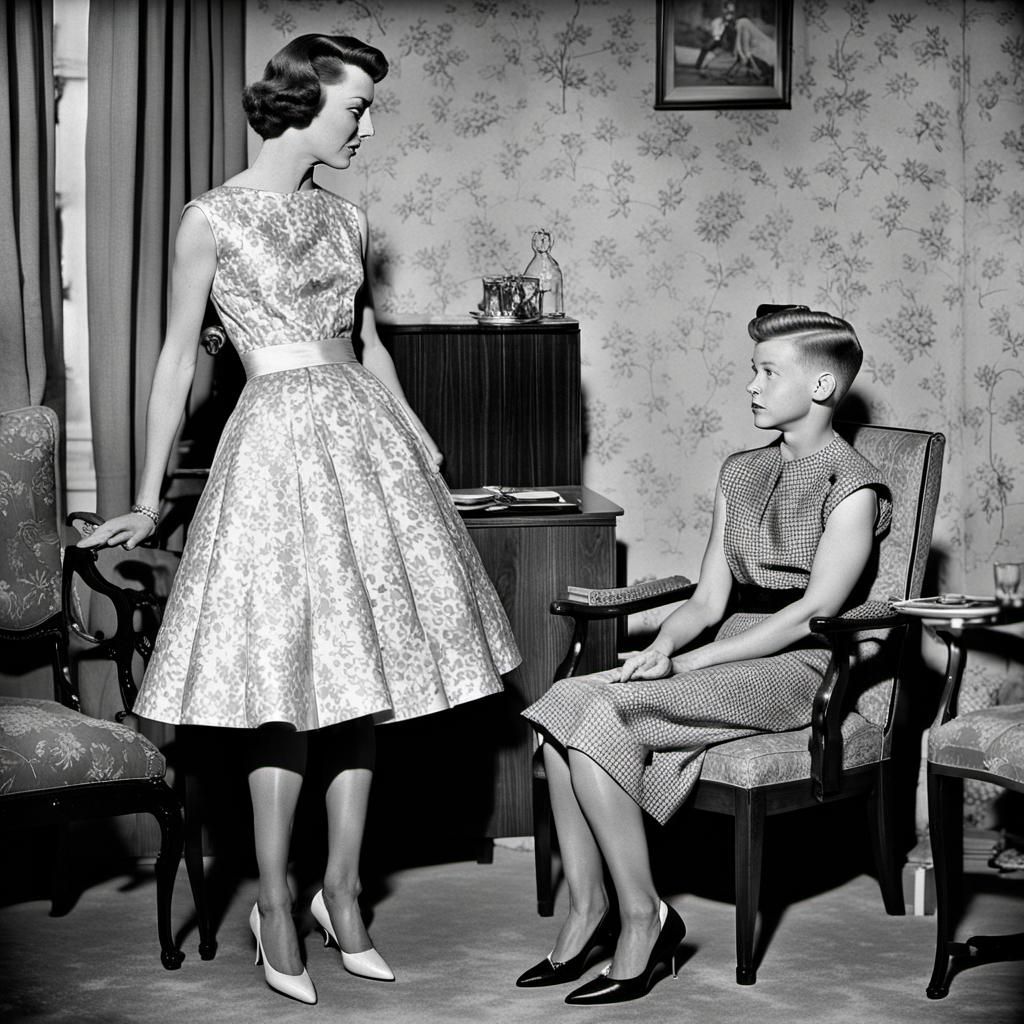 Boy in Mother's Dress, 1950s Living Room