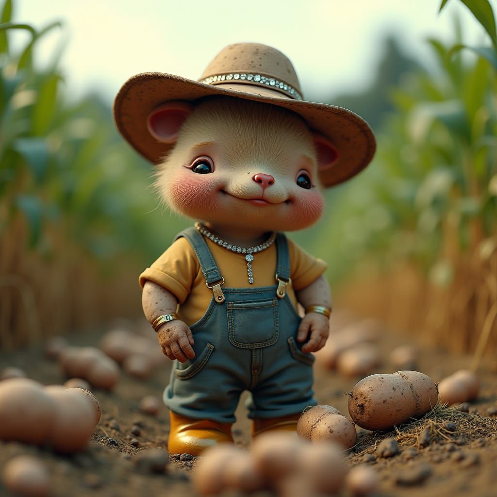 Cyberpunk Farmer in Golden Boots Harvests Potatoes