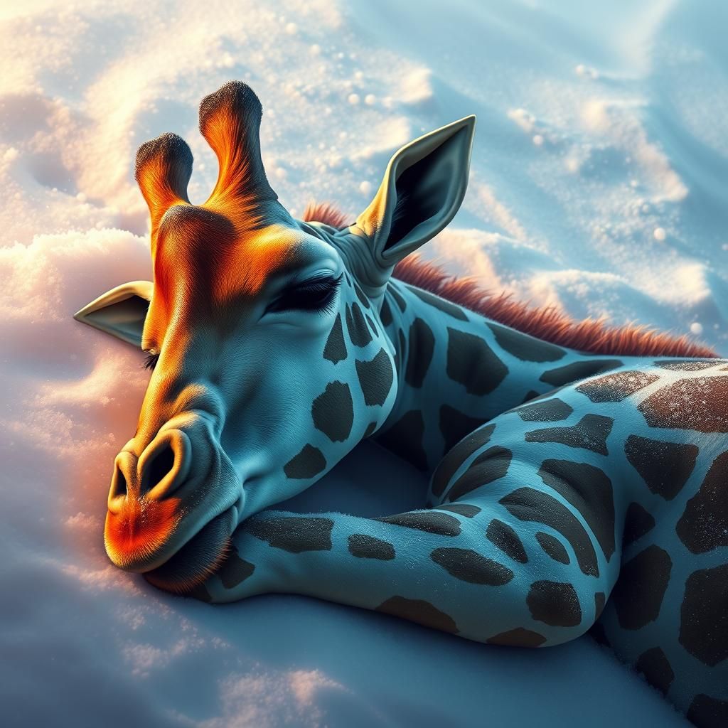 Giraffe Sleeping in Snow: Hyperrealistic Digital Art