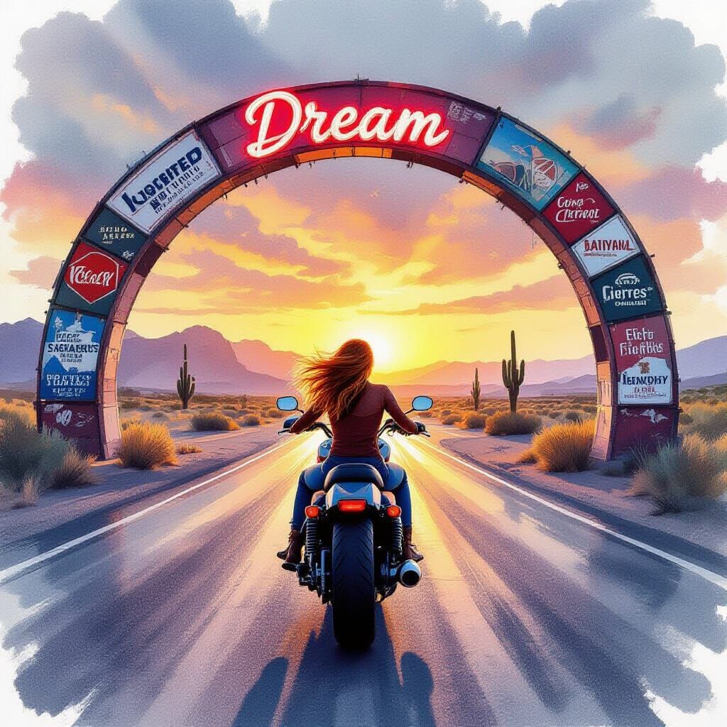 Desert Road Sunset with Motorcycle Rider