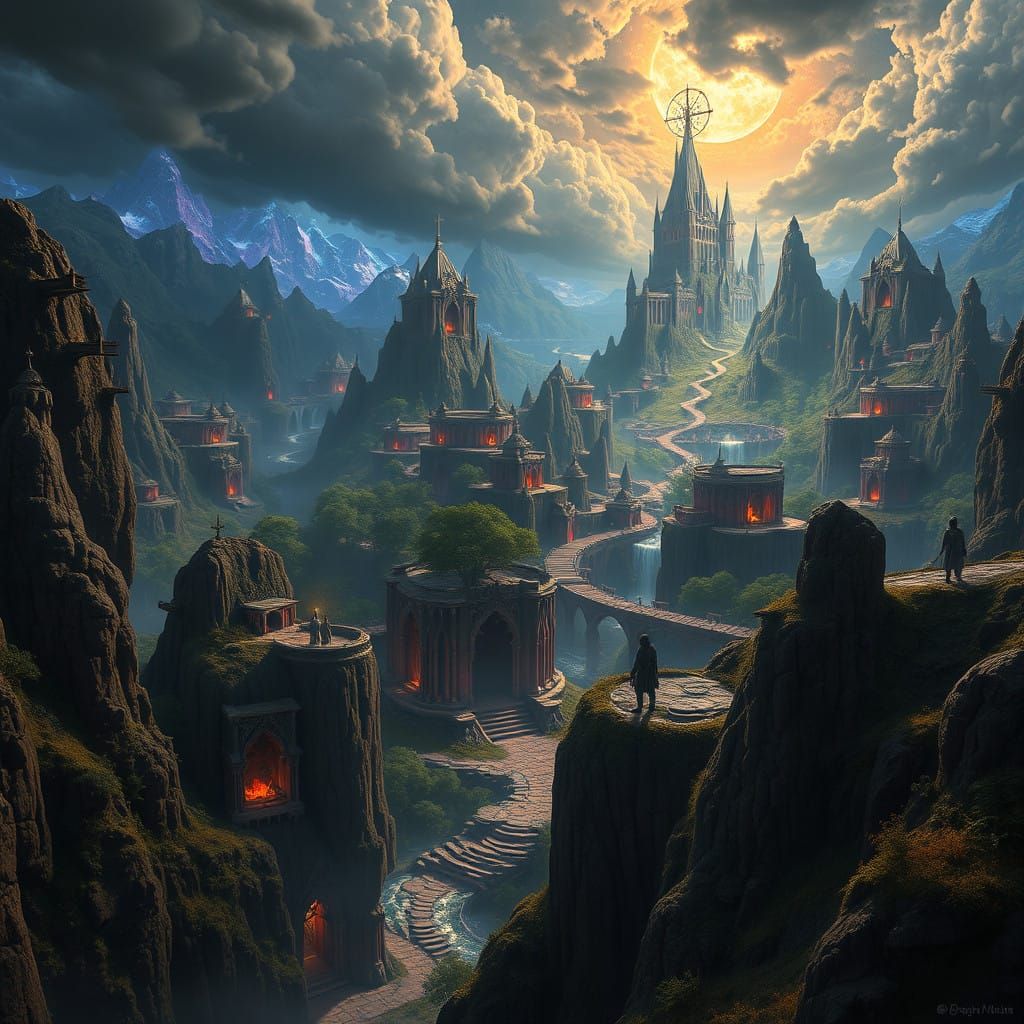 Surreal Middle Earth Landscape in Cyberpunk Aesthetic