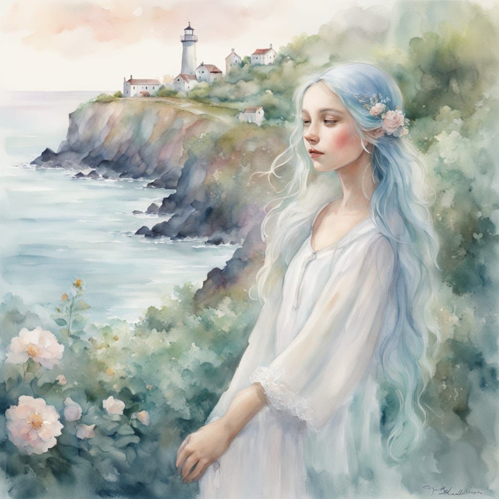 Ethereal Woman with Blue Hair by the Sea