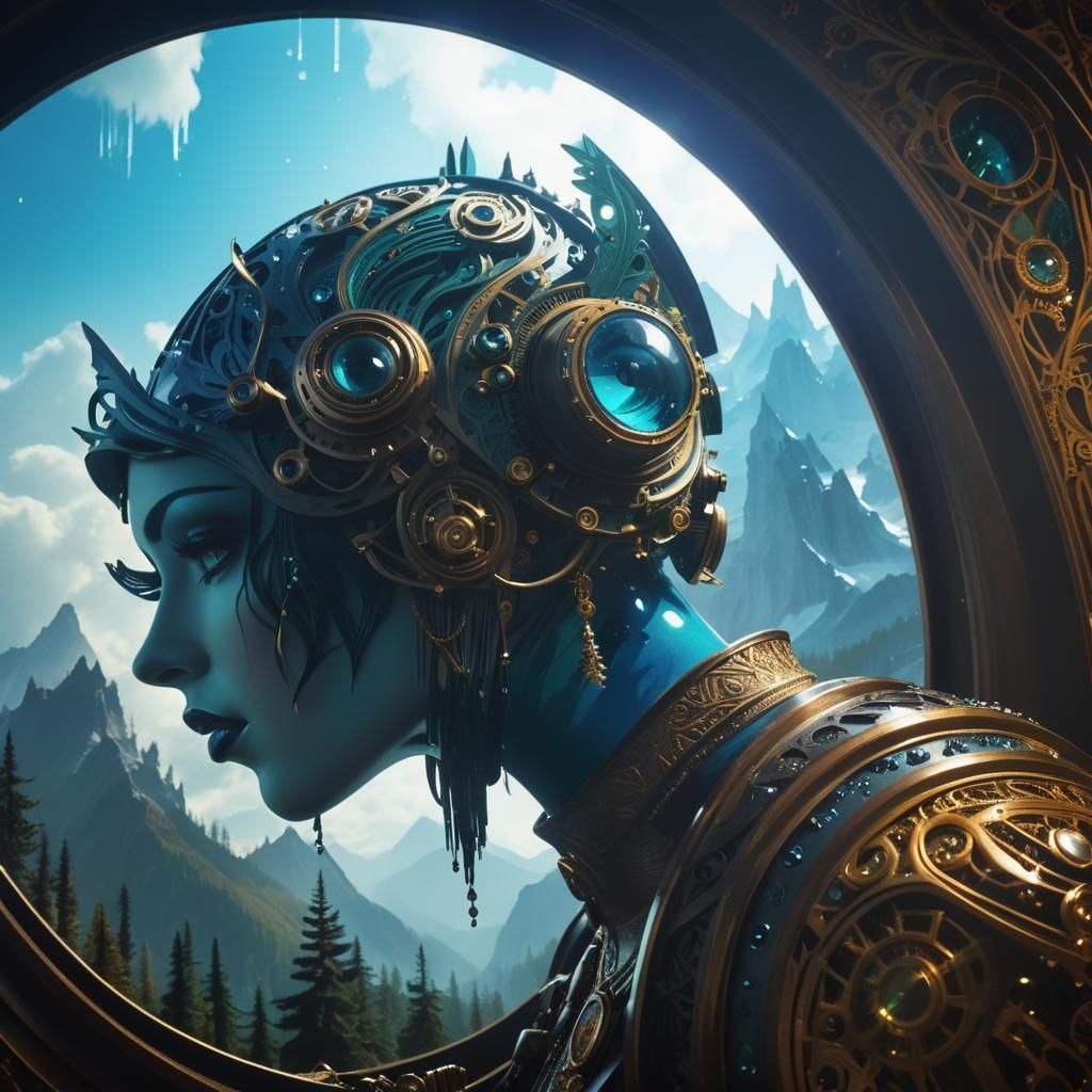 Futuristic Forest Sculpture Portrait in Dieselpunk Style