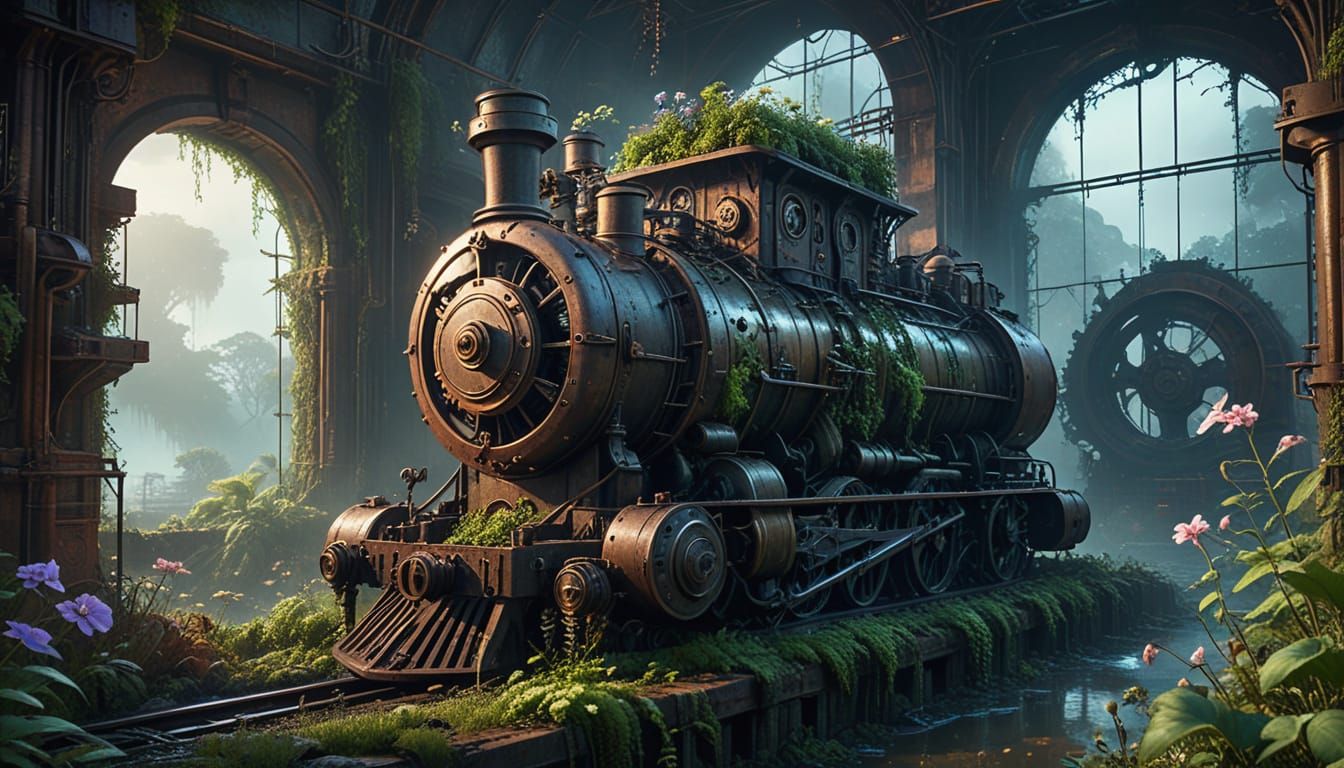 Serene Steampunk Garden Blooms Amidst Ruins