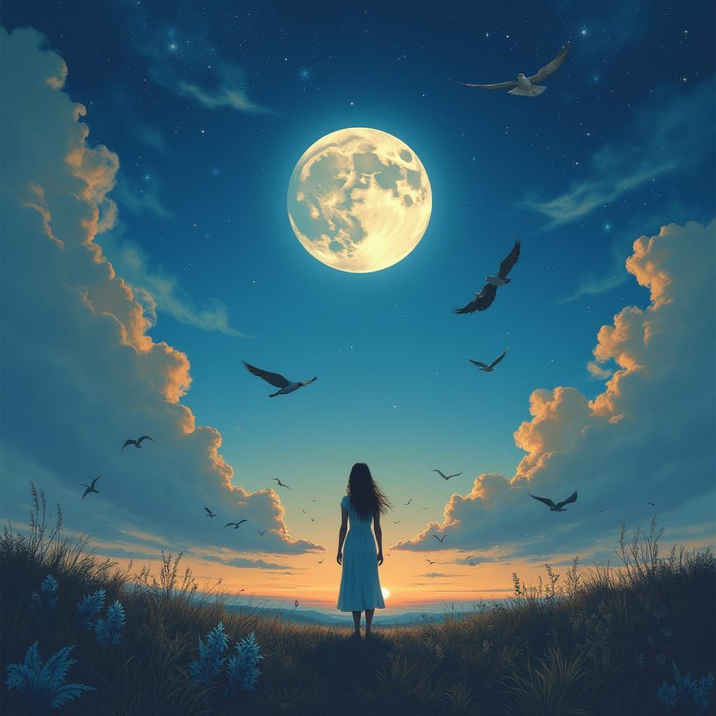 Dreamy Woman Under Radiant Moon