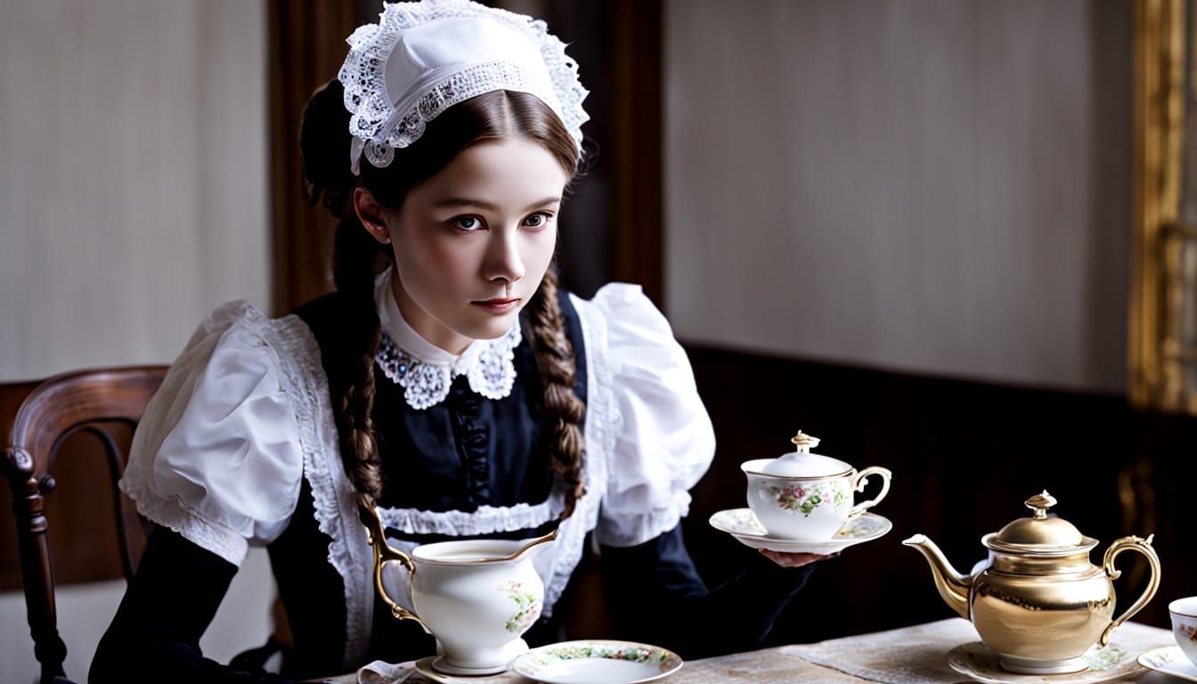 Elegant Victorian Maid Serves Tea in a Traditional Setting