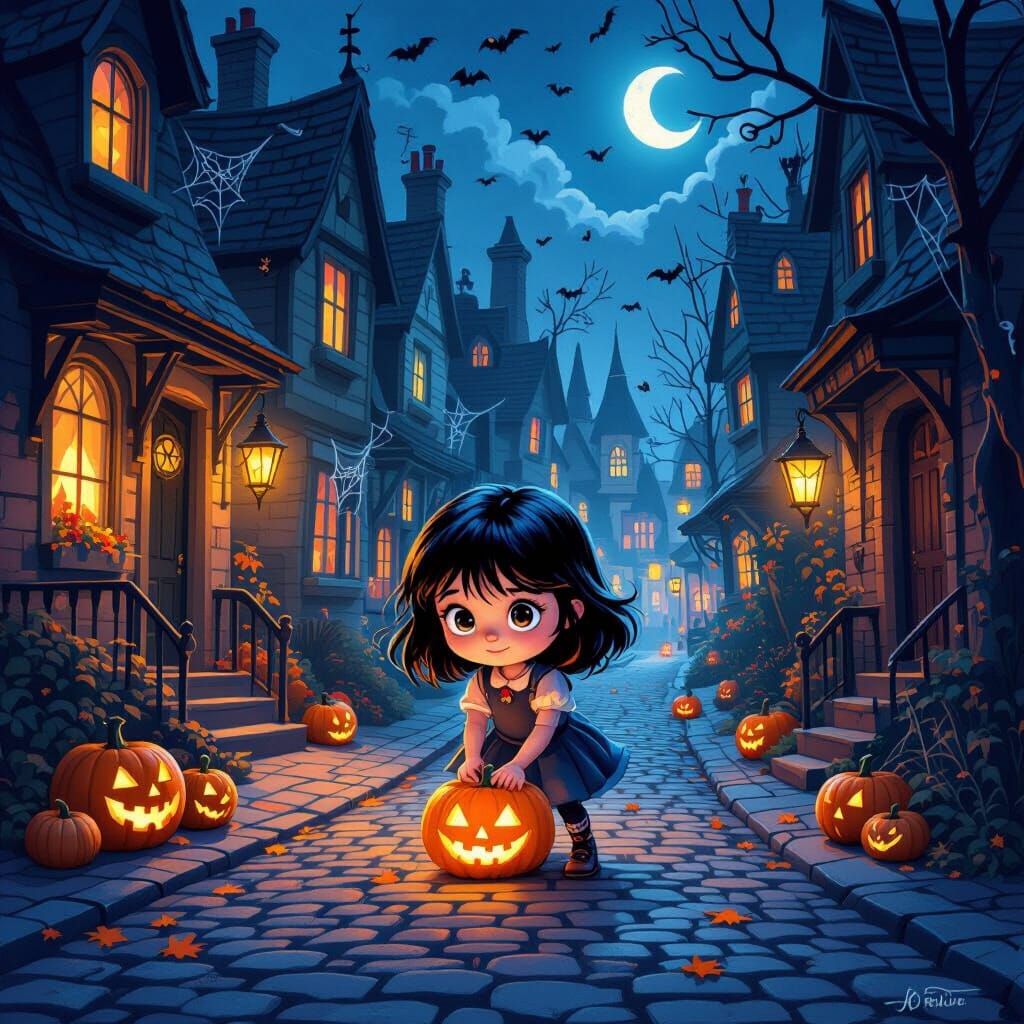 Girl in Halloween Decorated Street, Children's Book Style