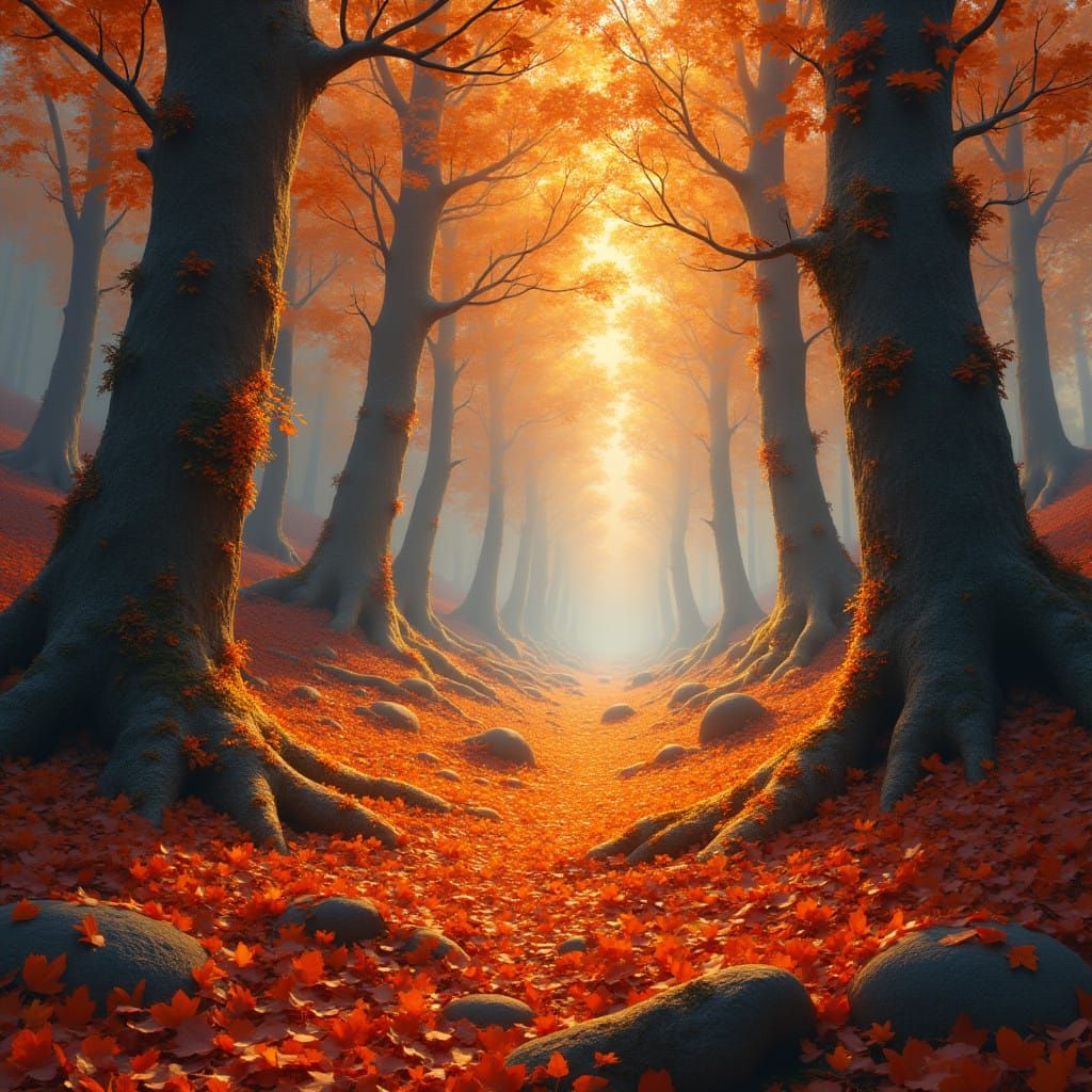 Fantastical Autumn Forest with Glowing Moss and Vibrant Leav...