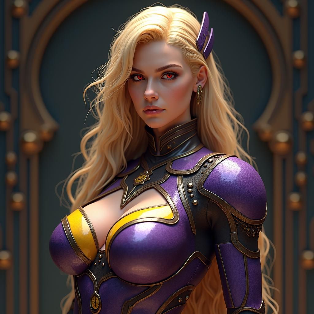 Armored Woman with Red Eyes in Art Nouveau Style
