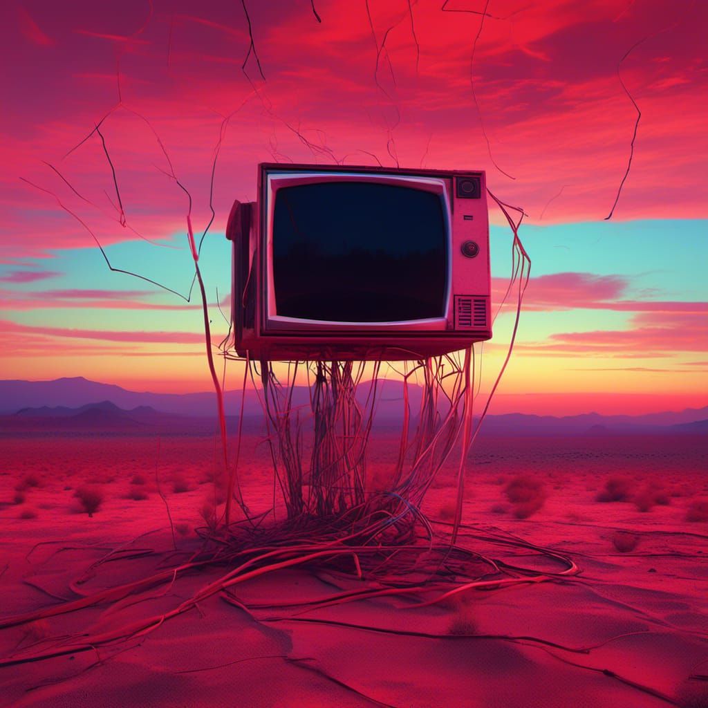 Surreal Retro TV in Desert Sunset: Digital Art