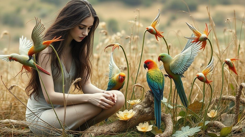 Surreal Bio-Art: Woman with Parrots in Nature