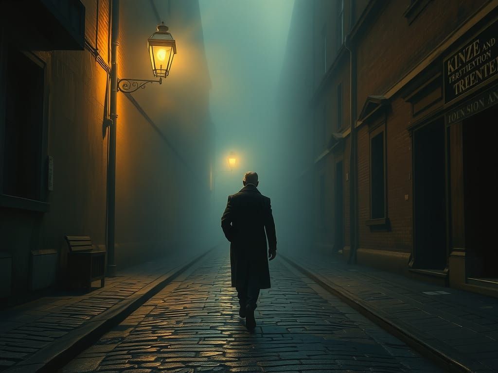 Figure in Dark Coat Walks Down Foggy Cobblestone Street