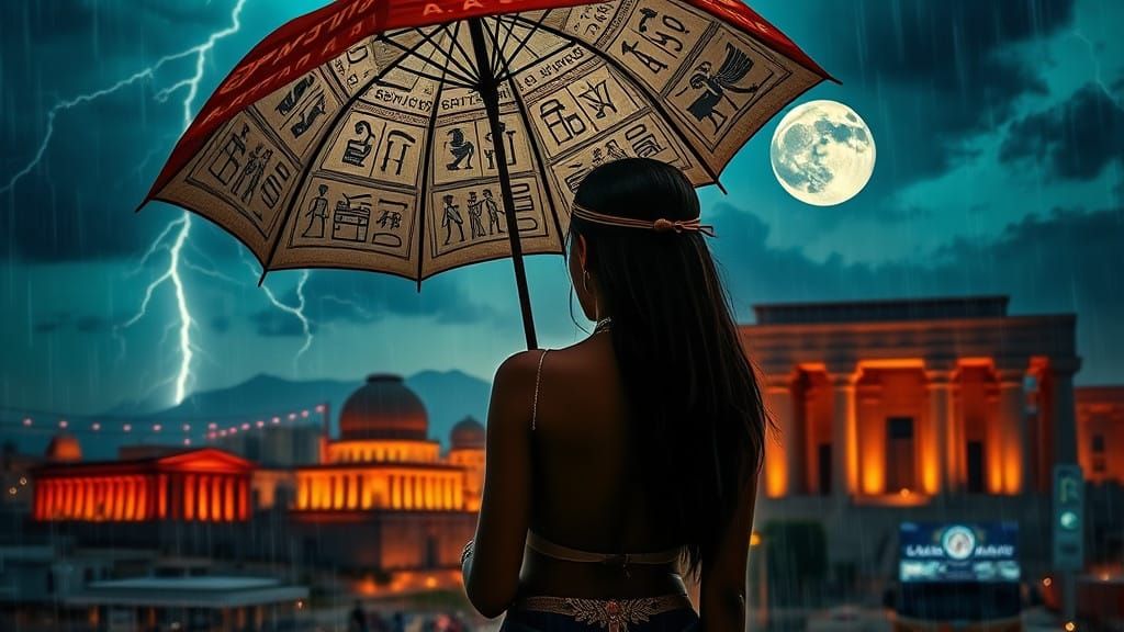 Egyptian Goddess Silhouette in Neon Temple Ruins