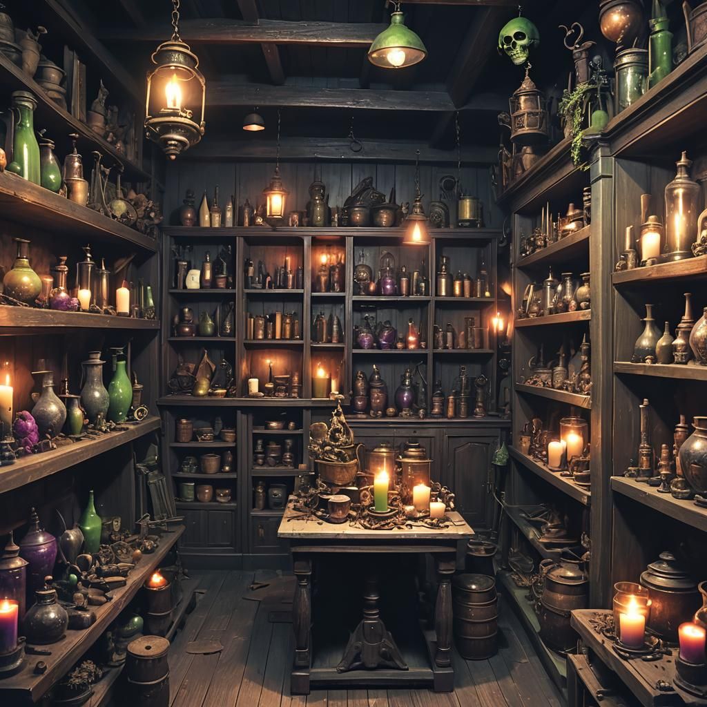 Mysterious Shop of Cursed Objects in Eerie Lighting