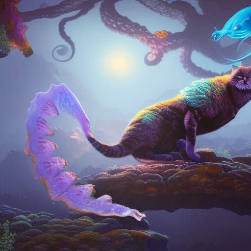 Fantastical Cat-Jellyfish Hybrid in Detailed Digital Art