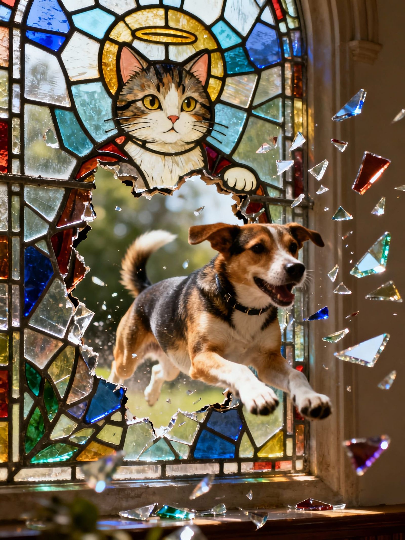 A dog bursting through a stained glass window of a cat with ...