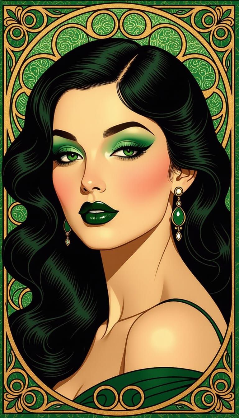 Glamorous Art Nouveau Portrait with Green Lipstick