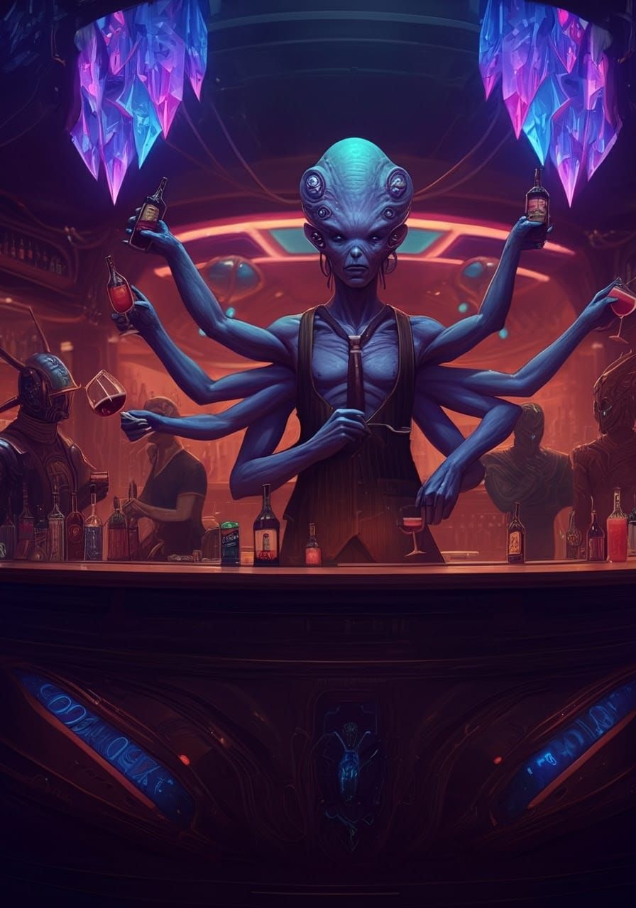 Otherworldly Bartender in Neon Cantina Scene