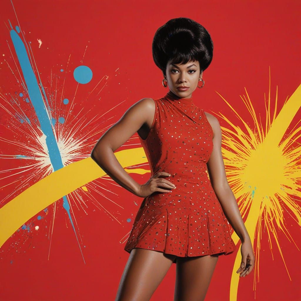 Vivid Pop Art Portrait of Uhura in Cherry Red Mini Dress