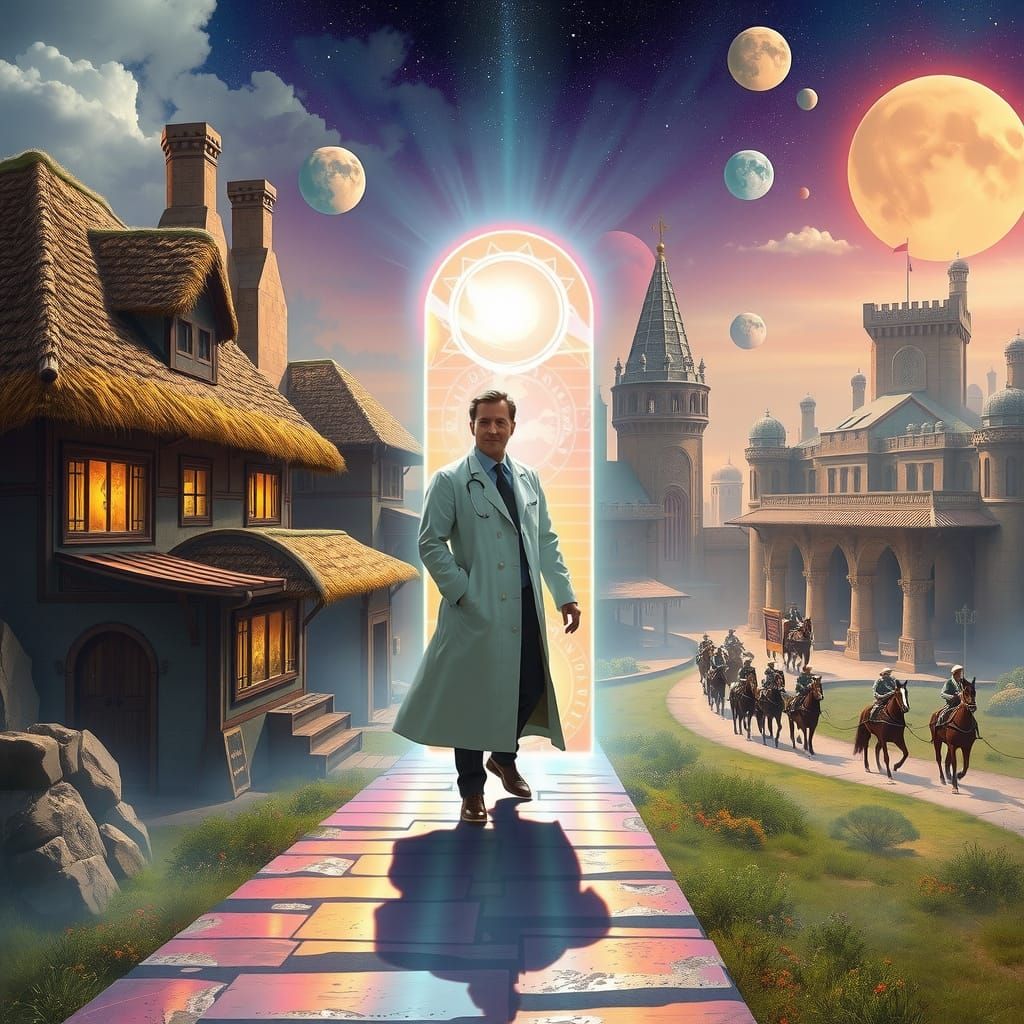 Scientist's Portal: Medieval Village Meets Solarpunk Future