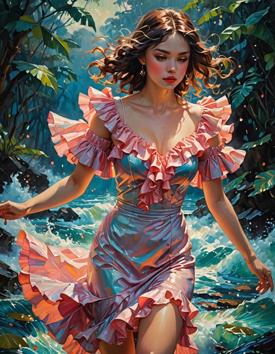 Neon Dress in Impasto Style with Flowing Water