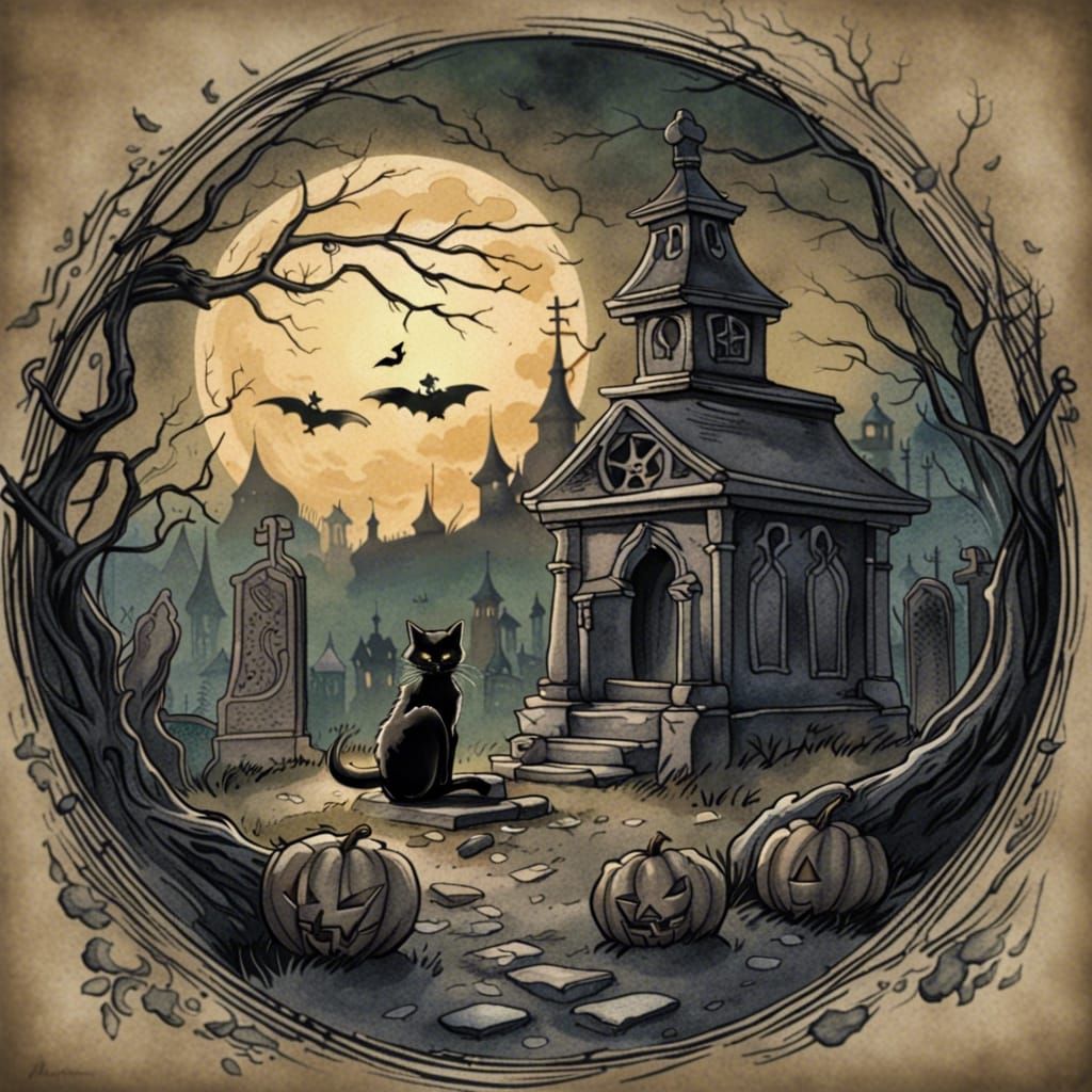 Black Cat Graveyard Tattoo Design
