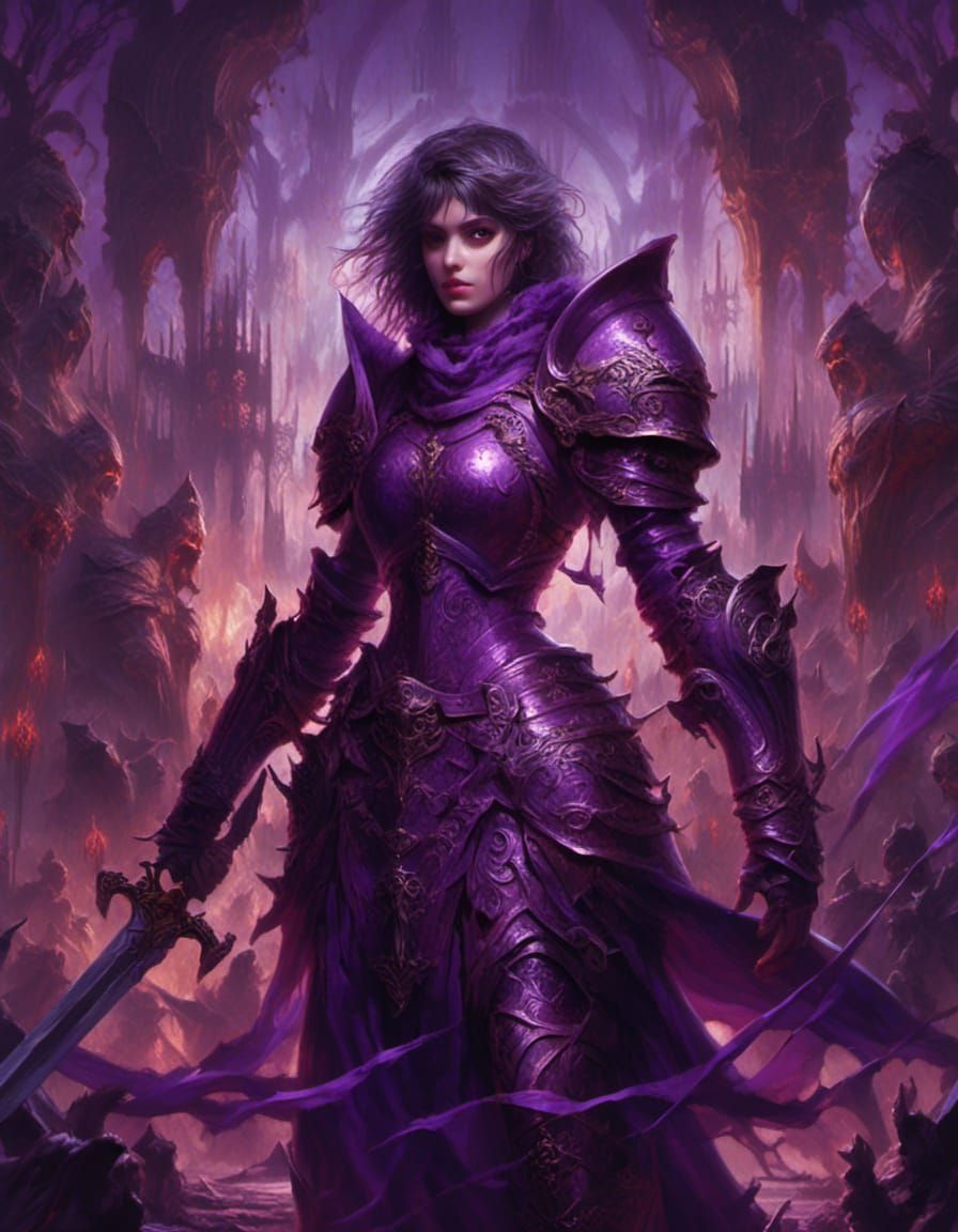 Epic Female Paladin in Purple Armor
