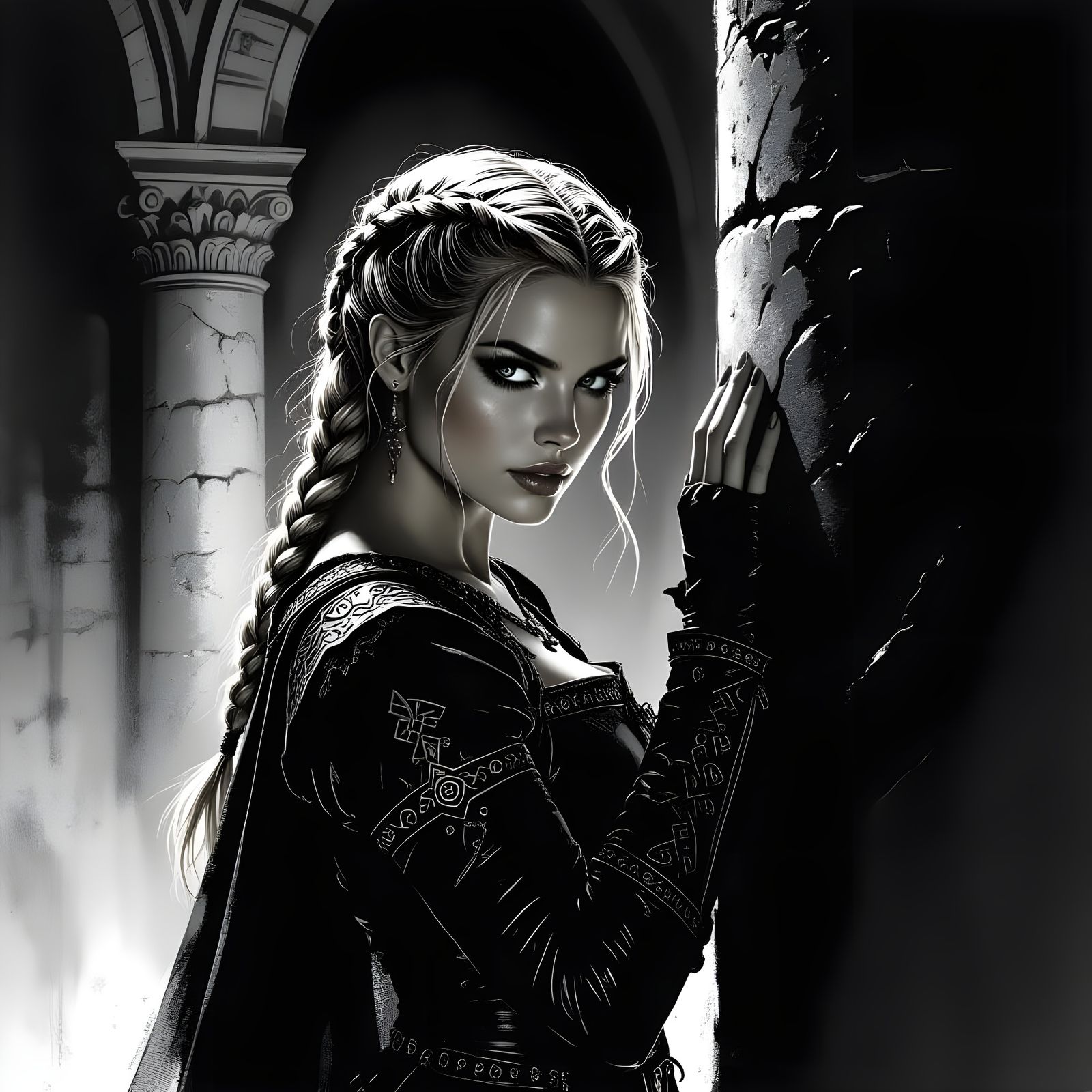 Norse Goddess in Shadowy Film Noir Portrait