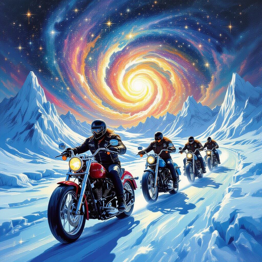 Surreal Biker Gang in Dreamlike Landscape