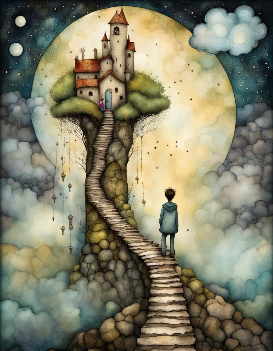 Fantasy Beanstalk to Cloud Village Illustration
